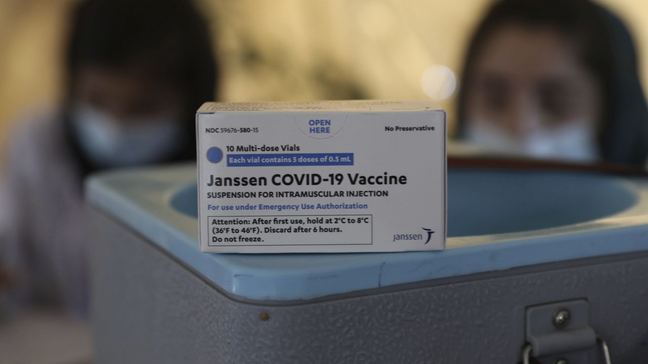 Vials of the Johnson & Johnson COVID-19 vaccine sit on a tray at a vaccination center on Sunday, July 11, 2021. (AP Photo/Rahmat Gul)