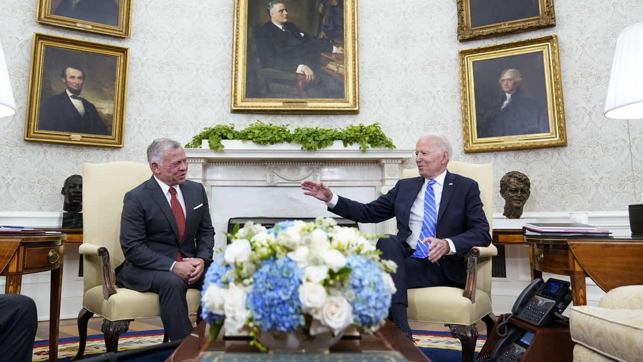 President Joe Biden meets with Jordan's King Abdullah II in the Oval Office of the White House in Washington, Monday, July 19, 2021. (AP Photo/Susan Walsh)