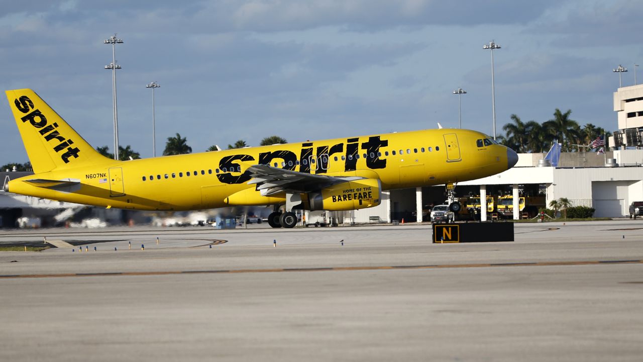 FILE: A Spirit Airlines Airbus Industrie A320 takes off from Palm Beach International Airport in West Palm Beach, Fla., Friday, Feb. 10, 2017. (AP Photo/Wilfredo Lee)