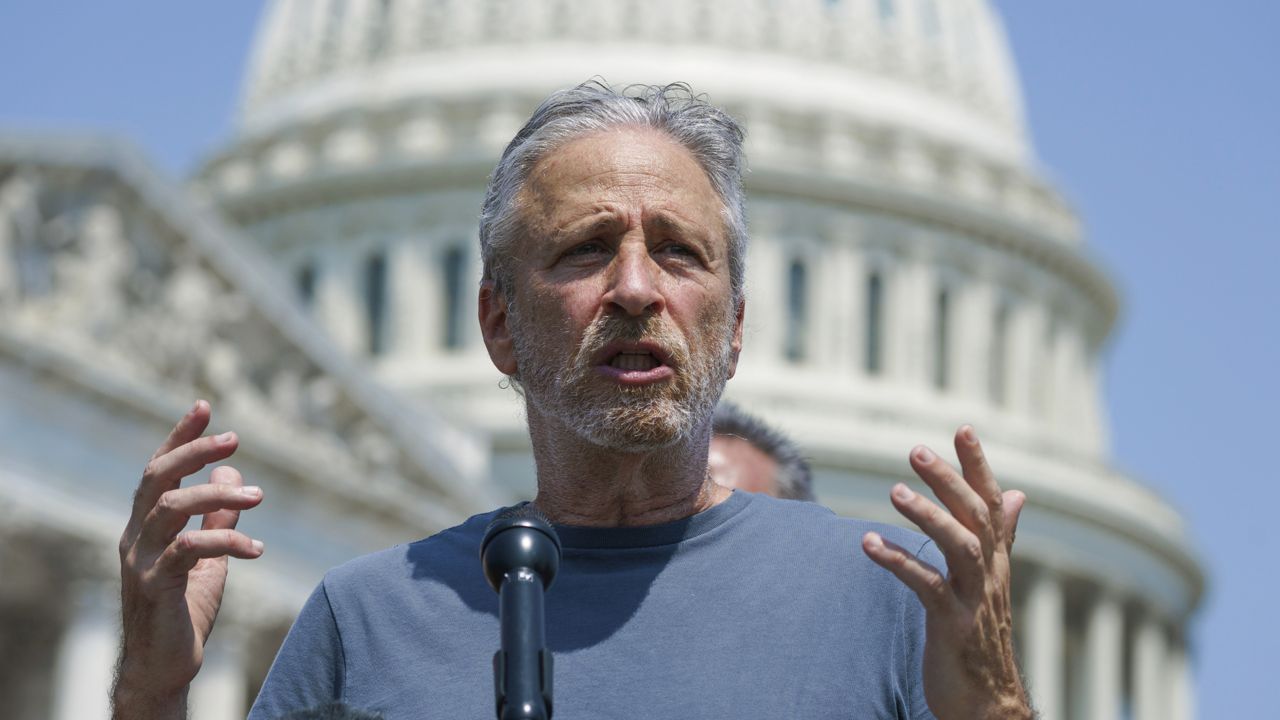 FILE: Jon Stewart lends his support as lawmakers work on legislation to expand benefits and improve care for veterans suffering from toxic exposure to burn pits and other hazards, at the Capitol in Washington, Wednesday, May 26, 2021. (AP Photo/J. Scott Applewhite)