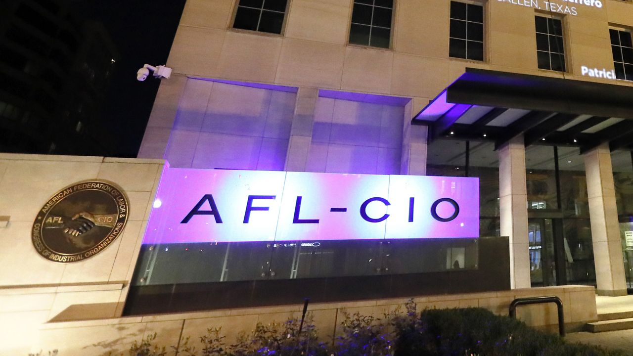 FILE: The AFL-CIO headquarters building on International Nurses Day in Black Lives Matter Plaza on Wednesday, May 12, 2021 in Washington, DC. (Paul Morigi/AP Images for National Nurses United)