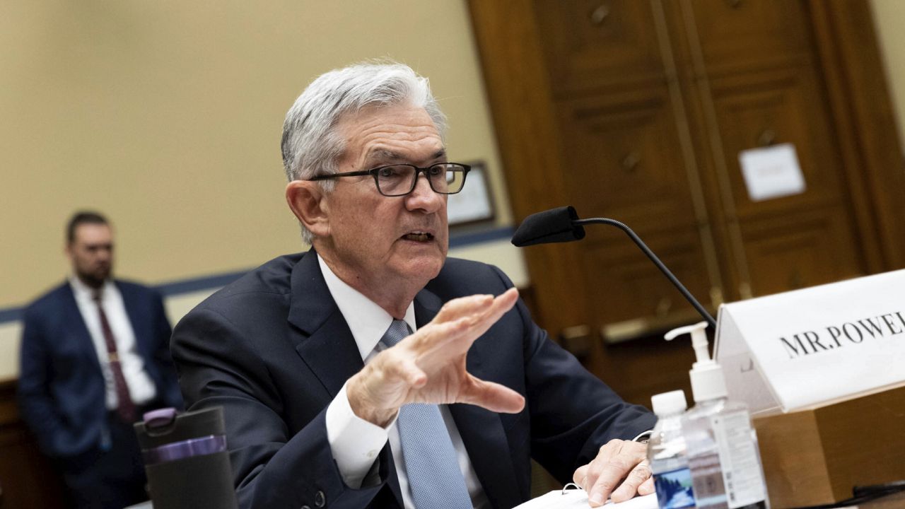 FILE: Federal Reserve Board chairman Jerome Powell testifies on the Federal Reserve's response to the coronavirus pandemic on Capitol Hill in Washington, Tuesday, June 22, 2021. (Graeme Jennings/Pool via AP)