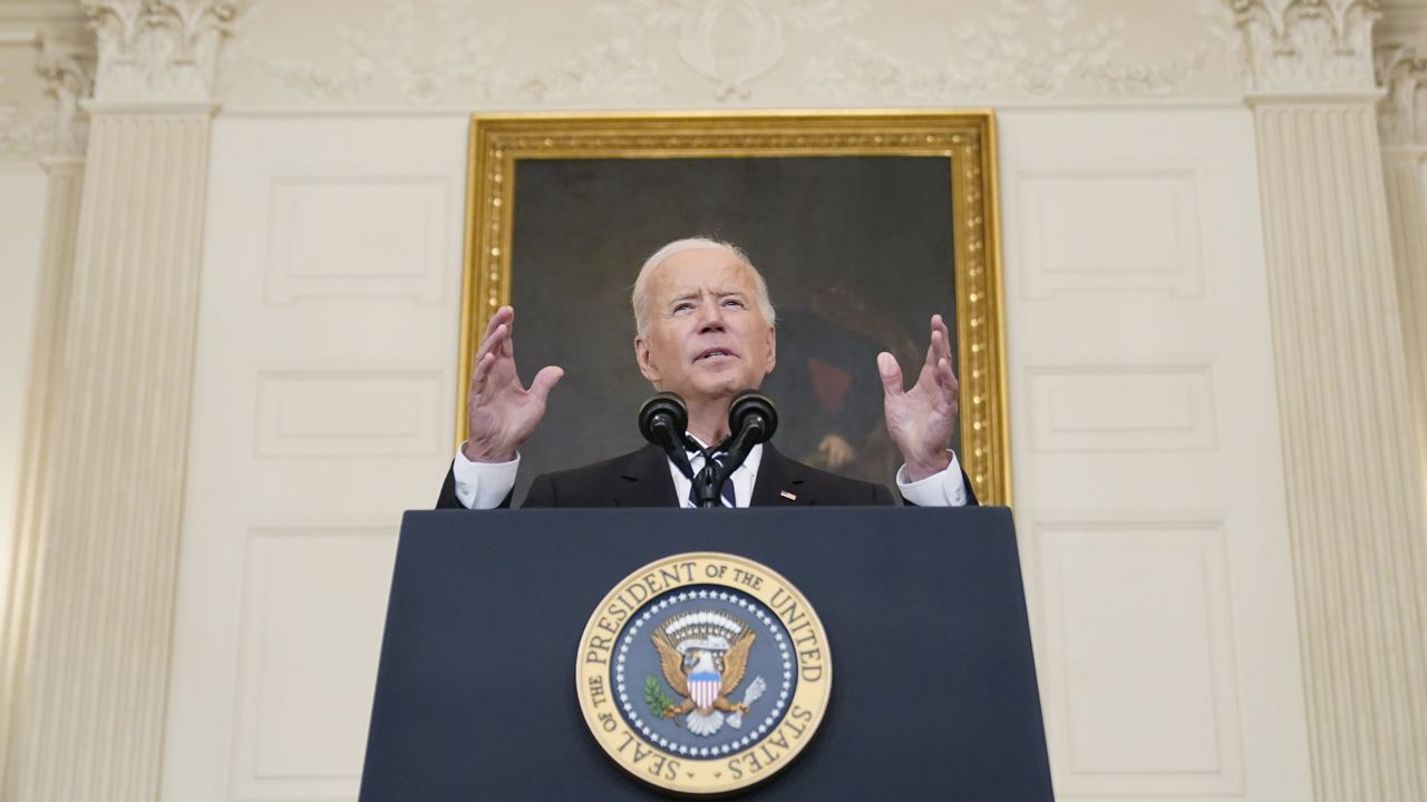 President Joe Biden speaks in the State Dining Room at the White House, Thursday, Sept. 9, 2021, in Washington. (AP Photo/Andrew Harnik)
