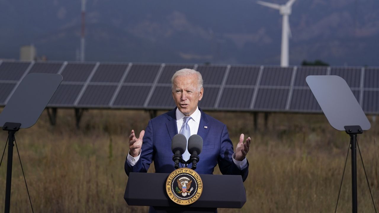 President Joe Biden speaks about infrastructure at the Flatirons campus of the National Renewable Energy Laboratory, Tuesday, Sept. 14, 2021, in Arvanda, Colo. (AP Photo/Evan Vucci)