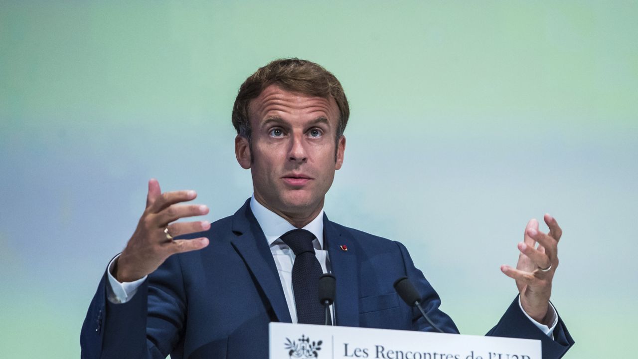 FILE: French President Emmanuel Macron delivers his speech during a meeting of the 'U2P', French local businesses union, in Paris, Thursday, Sept. 16 2021. (Christophe Petit Tesson, Pool Photo via AP)