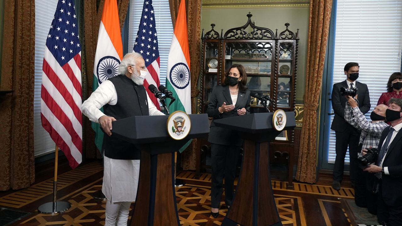 Vice President Kamala Harris meets with India's Prime Minister Narendra Modi, Thursday, Sept. 23, 2021, in Harris' ceremonial office in the Eisenhower Executive Office Building on the White House complex in Washington. (AP Photo/Jacquelyn Martin)
