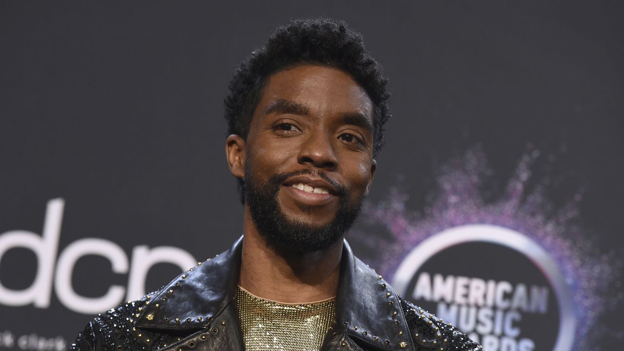 FILE: Chadwick Boseman poses in the press room at the American Music Awards on Sunday, Nov. 24, 2019, at the Microsoft Theater in Los Angeles. (Photo by Jordan Strauss/Invision/AP)