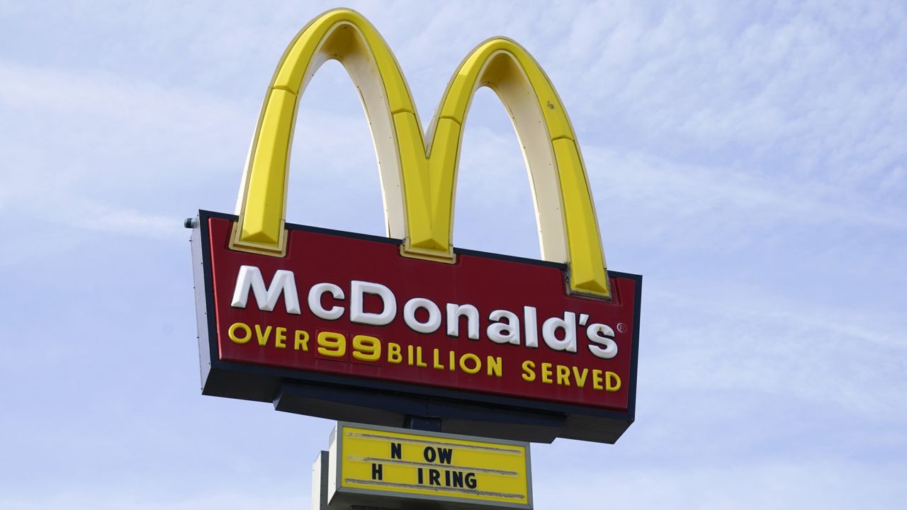 FILE: A sign is displayed outside a McDonald's restaurant, Tuesday, April 27, 2021, in Des Moines, Iowa. (AP Photo/Charlie Neibergall)