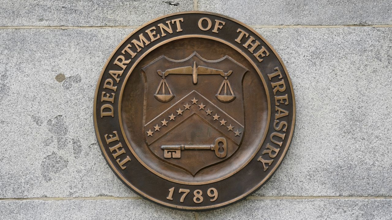 FILE: This May 4, 2021, photo shows the Department of the Treasury's seal outside the Treasury Building in Washington. (AP Photo/Patrick Semansky)