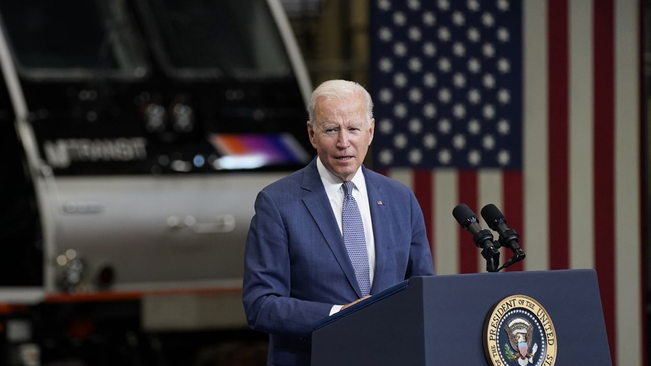 President Joe Biden delivers remarks at NJ Transit Meadowlands Maintenance Complex to promote his "Build Back Better" agenda, Monday, Oct. 25, 2021, in Kearny, N.J. (AP Photo/Evan Vucci)
