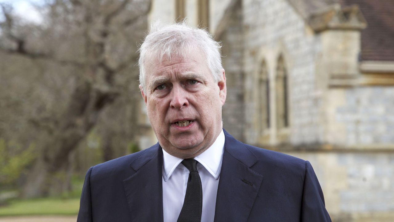 FILE - In this Sunday, April 11, 2021 file photo, Britain's Prince Andrew speaks during a television interview at the Royal Chapel of All Saints. (Steve Parsons/Pool Photo via AP, File)