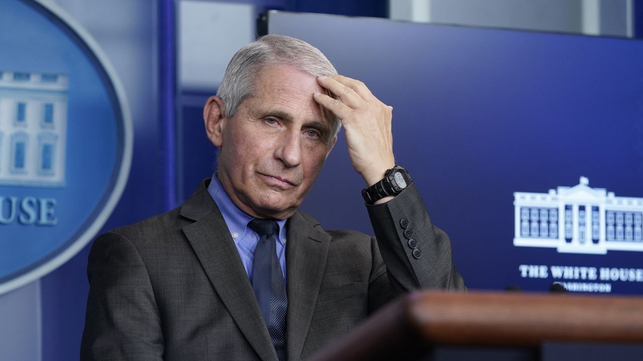 FILE: Dr. Anthony Fauci listens to a reporter's question during a press briefing at the White House, Tuesday, April 13, 2021, in Washington. (AP Photo/Patrick Semansky)