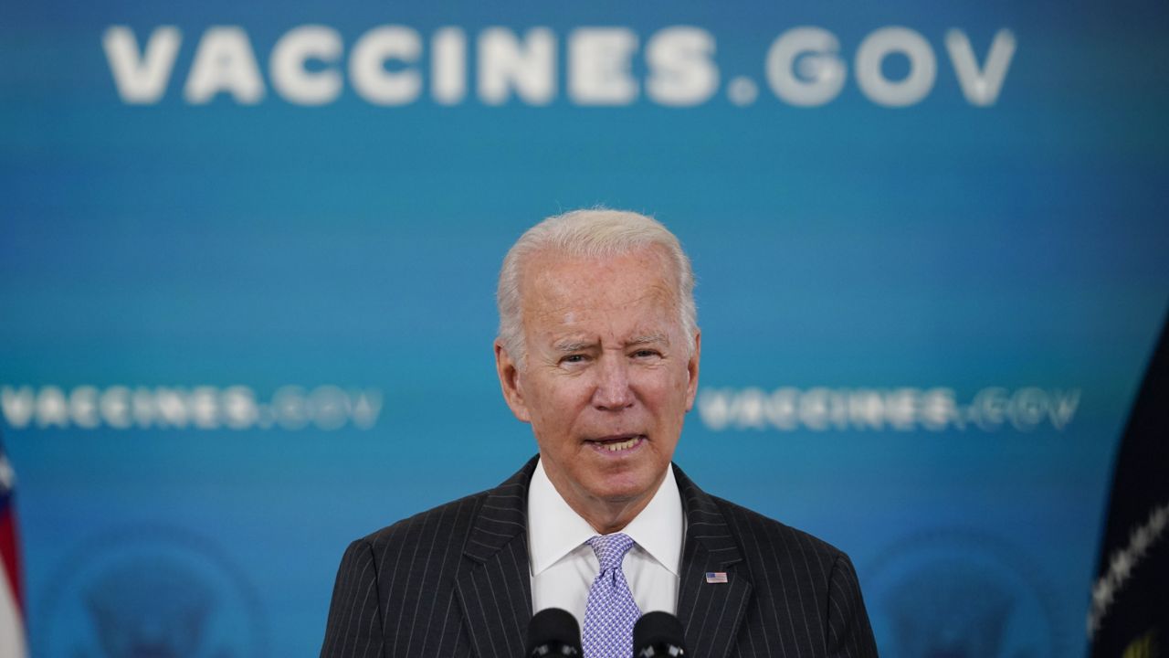 President Joe Biden talks about the newly approved COVID-19 vaccine for children ages 5-11 from the South Court Auditorium on the White House complex in Washington, Wednesday, Nov. 3, 2021. (AP Photo/Susan Walsh)