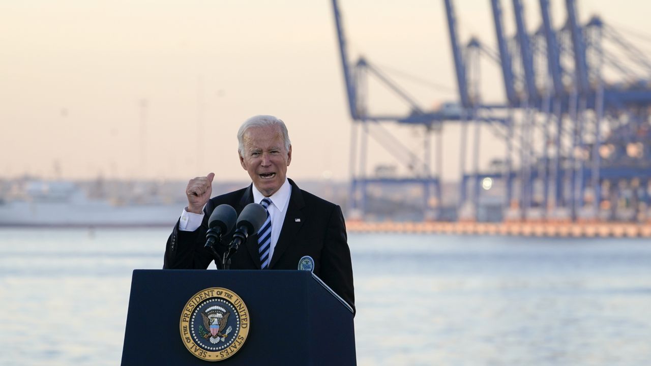 President Joe Biden speaks during a visit at the Port of Baltimore, Wednesday, Nov. 10, 2021. (AP Photo/Susan Walsh)