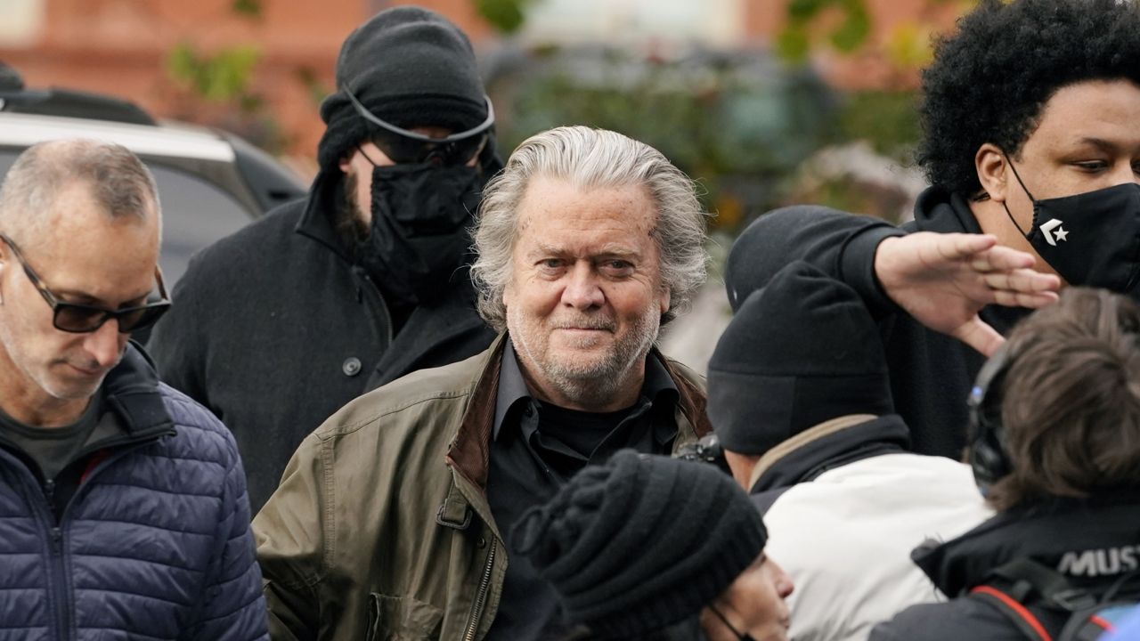 Former White House strategist Steve Bannon arrives at the FBI Washington Field Office, Monday, Nov., 15, 2021, in Washington. (AP Photo/Carolyn Kaster)