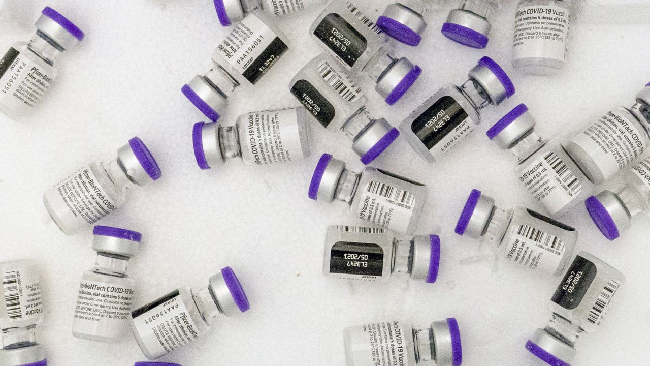 FILE - Vials of the Pfizer-BioNTech COVID-19 vaccine sit in a cooler before being thawed at a pop-up COVID-19 vaccination site in the Bronx borough of New York on Tuesday, Jan. 26, 2021. (AP Photo/Mary Altaffer, File)