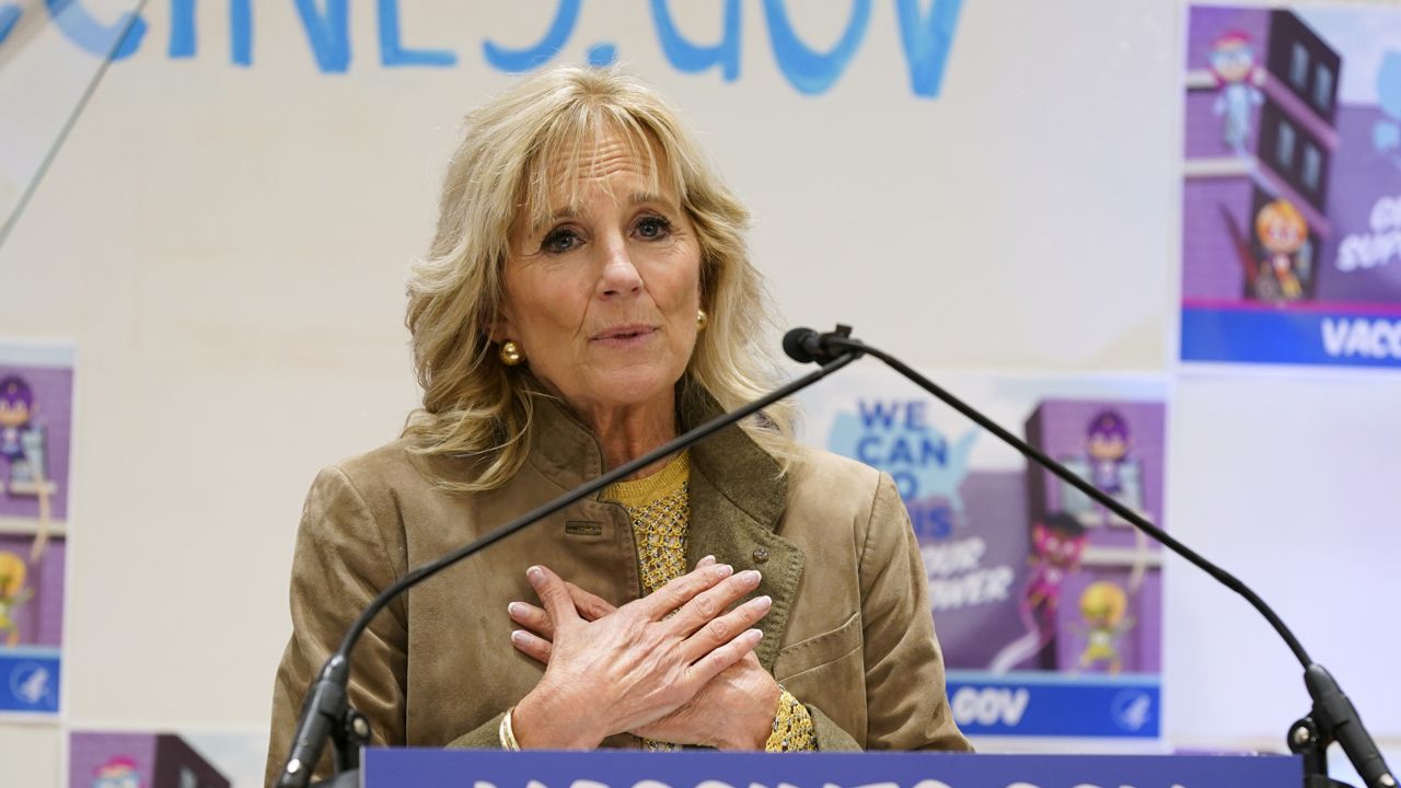 First lady Jill Biden speaks during a visit to a pediatric COVID-19 vaccination clinic at Children's National Hospital's THEARC, Wednesday, Nov. 17, 2021, in Washington. (AP Photo/Patrick Semansky)