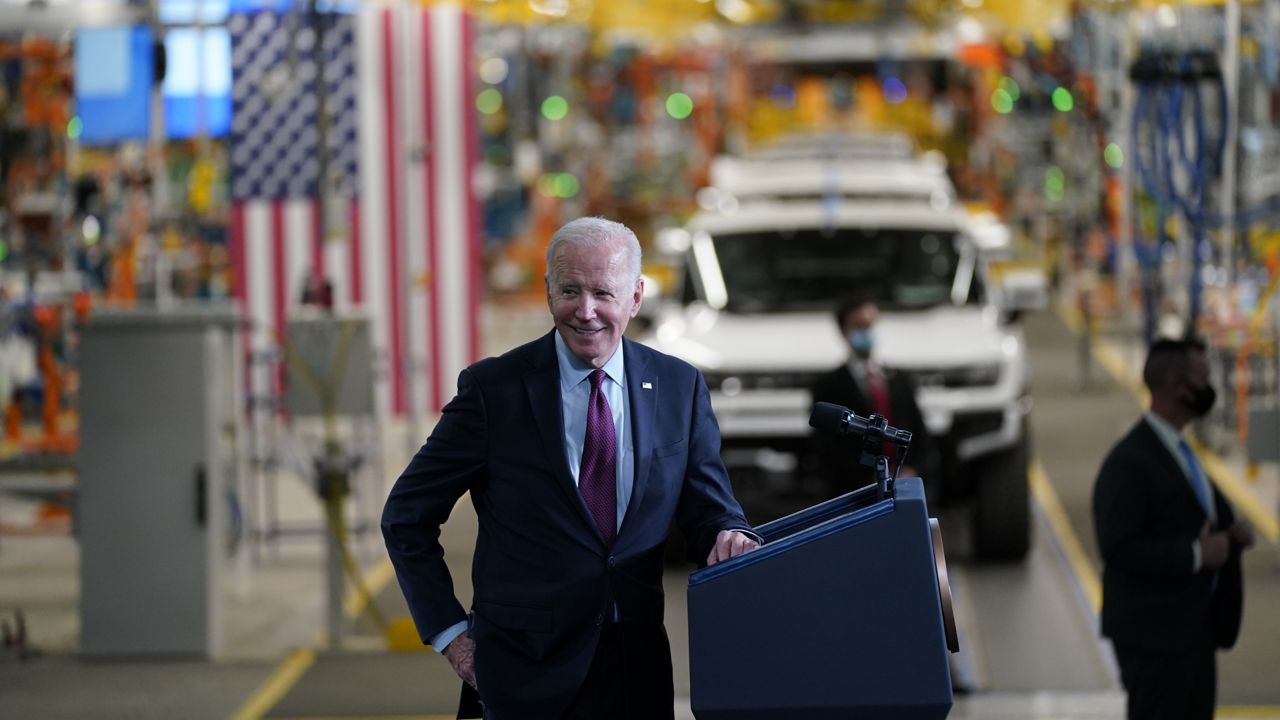 President Joe Biden speaks during a visit to the General Motors Factory ZERO electric vehicle assembly plant, Wednesday, Nov. 17, 2021, in Detroit. (AP Photo/Evan Vucci)