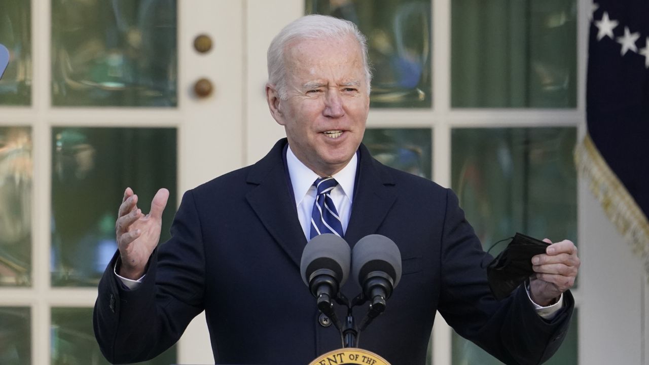 FILE - President Joe Biden speaks during a ceremony in the Rose Garden of the White House, in Washington, Nov. 19, 2021. (AP Photo/Alex Brandon)