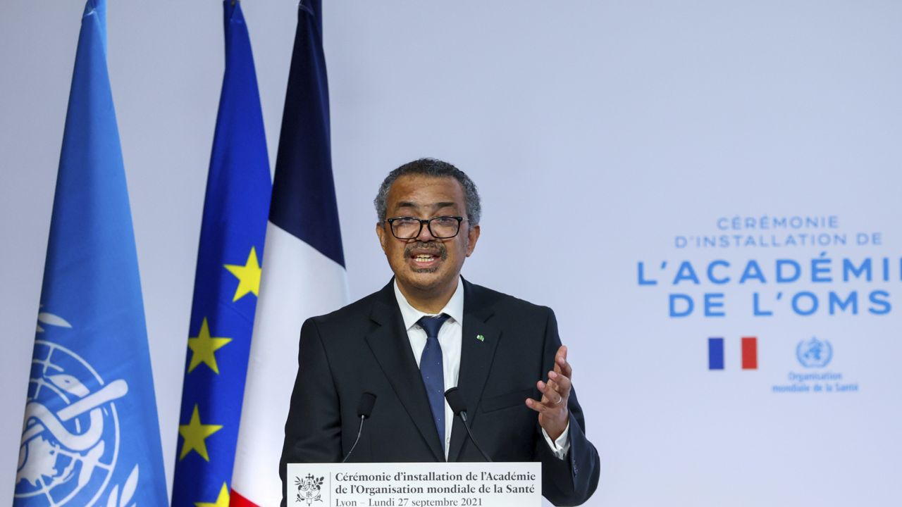 FILE: WHO Director-General Tedros Adhanom Ghebreyesus speaks during the opening of the World Health Organisation Academy in Lyon, central France, Monday, Sept. 27, 2021. (Denis Balibouse/Pool Photo via AP)