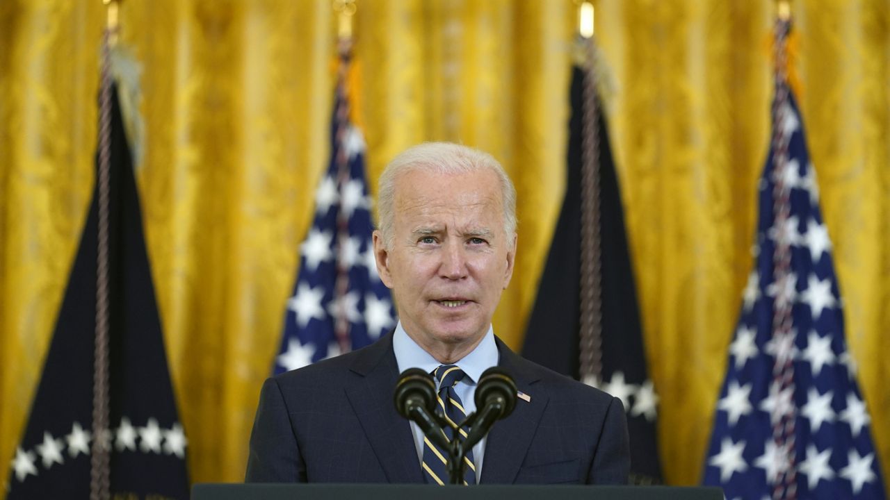 President Joe Biden speaks from the East Room of the White House in Washington, Monday, Dec. 6, 2021. (AP Photo/Susan Walsh)