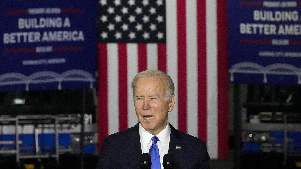 President Joe Biden talks about infrastructure during an event at the Kansas City Area Transit Authority Wednesday, Dec. 8, 2021, in Kansas City, Mo. (AP Photo/Charlie Riedel)