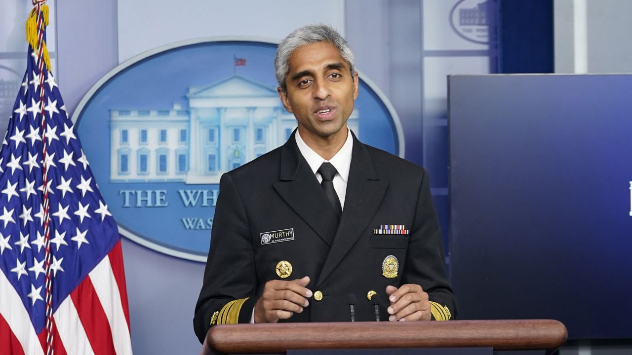 FILE - In this Thursday, July 15, 2021 file photo, Surgeon General Dr. Vivek Murthy speaks during the daily briefing at the White House in Washington. (AP Photo/Susan Walsh)