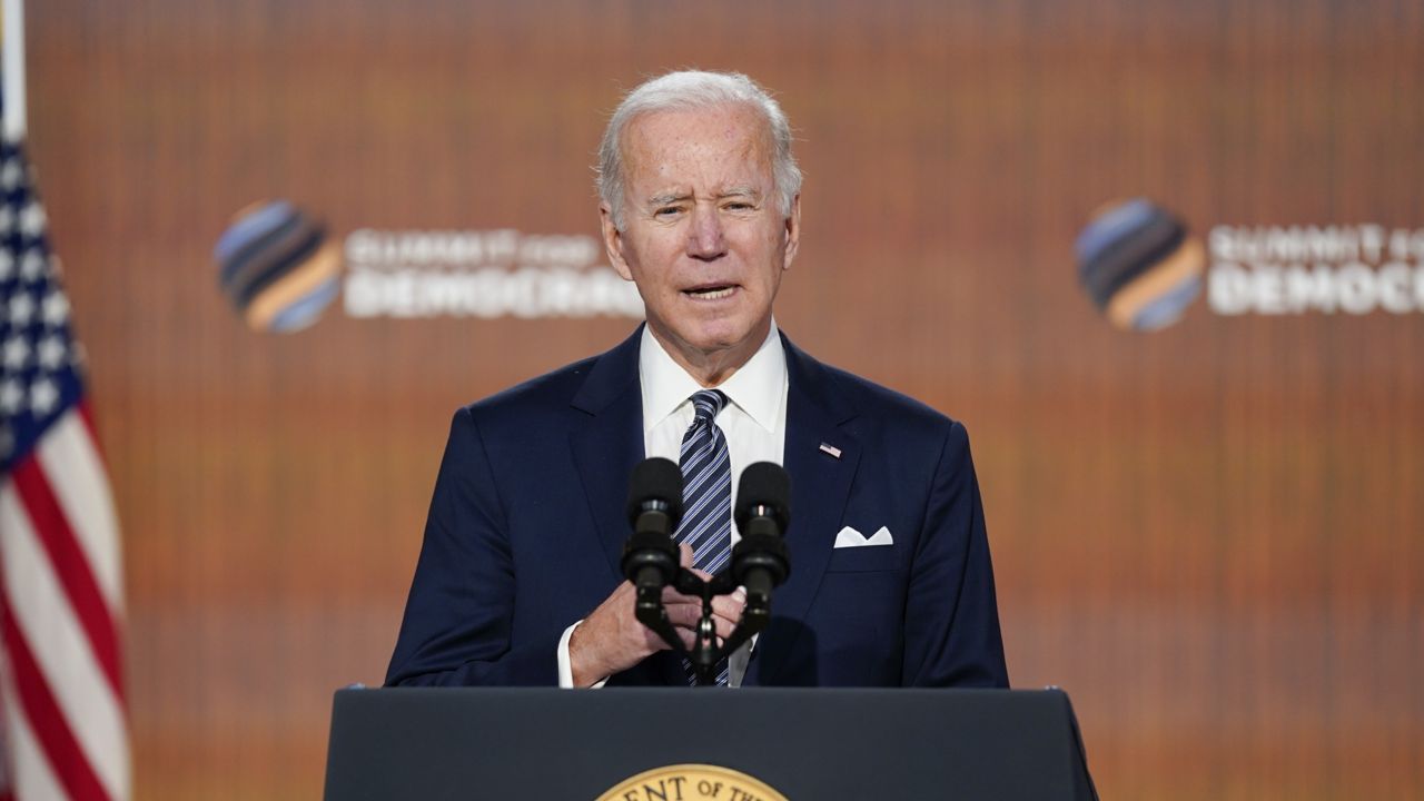 President Joe Biden delivers closing remarks to the virtual Summit for Democracy Friday, Dec. 10, 2021, in Washington. (AP Photo/Evan Vucci)