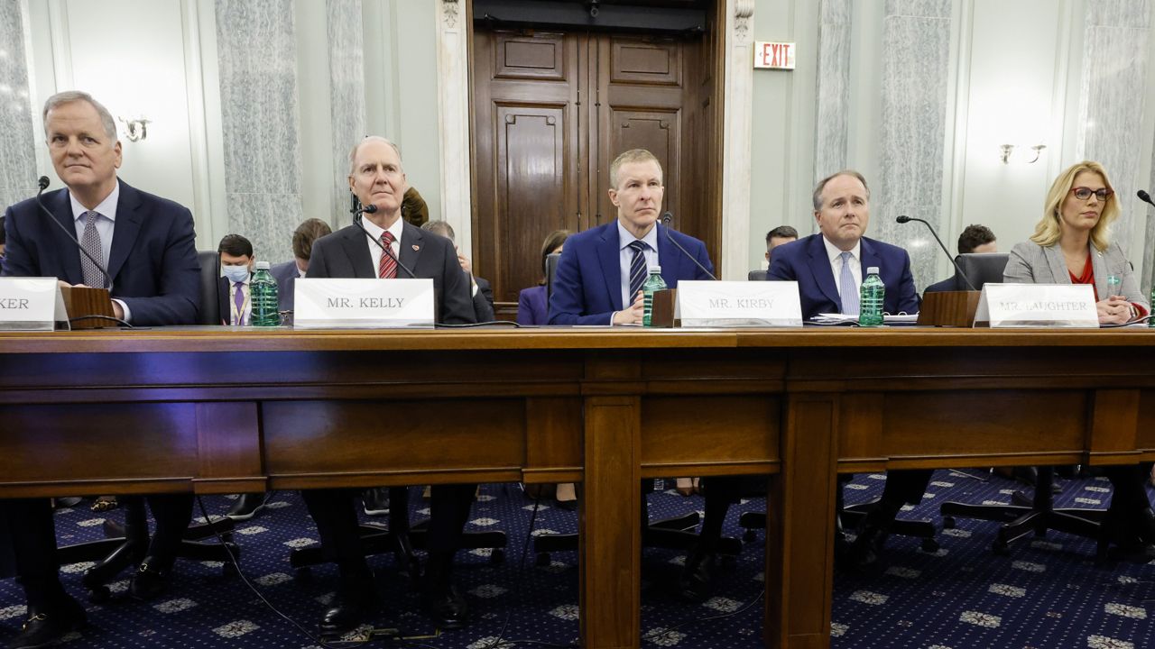 Airline executives and other officials testify before the Senate Commerce, Science, and Transportation in the Russell Senate Office Building on Capitol Hill on Wednesday, Dec. 15, 2021 in Washington. (Chip Somodevilla/pool via AP)