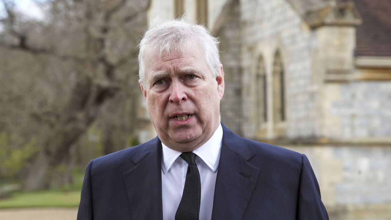 FILE - In this Sunday, April 11, 2021, file photo, Britain's Prince Andrew speaks during a television interview at the Royal Chapel of All Saints at Royal Lodge, Windsor, England. (Steve Parsons/Pool Photo via AP, File)