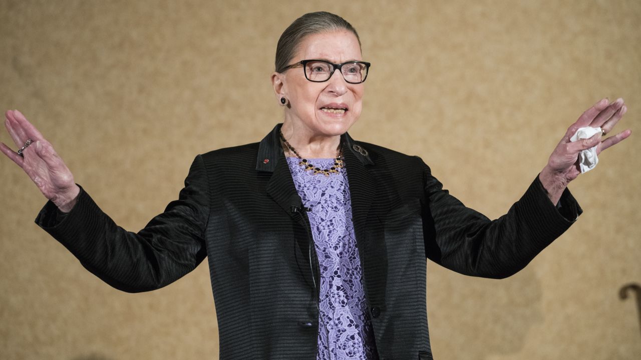 FILE - In this Aug. 19, 2016, file photo, Supreme Court Justice Ruth Bader Ginsburg is introduced during the keynote address for the State Bar of New Mexico's annual meeting in Pojoaque, N.M. The Supreme Court says Ginsburg has died of metastatic pancreatic cancer at age 87. (AP Photo/Craig Fritz, File)