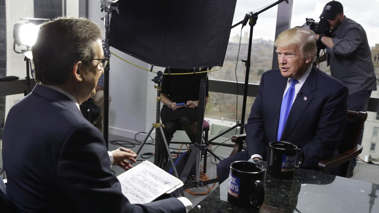 FILE - Chris Wallace, of "Fox News Sunday," left, interviews president-elect Donald Trump on Dec. 10, 2016 in New York. (AP Photo/Richard Drew, File)