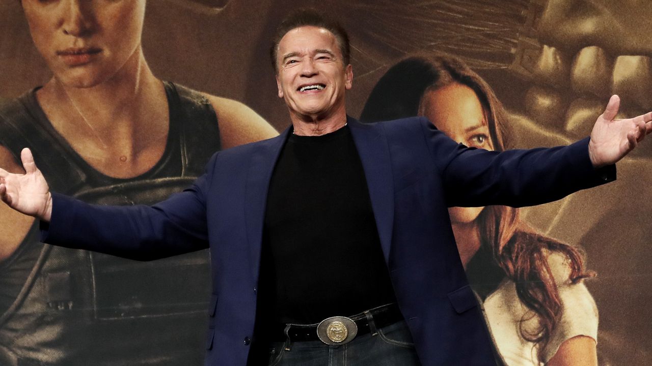 FILE: Actor Arnold Schwarzenegger gestures during a press conference. The former governor of California is offering grants to reopen polling places nationwide. (AP Photo/Ahn Young-joon)