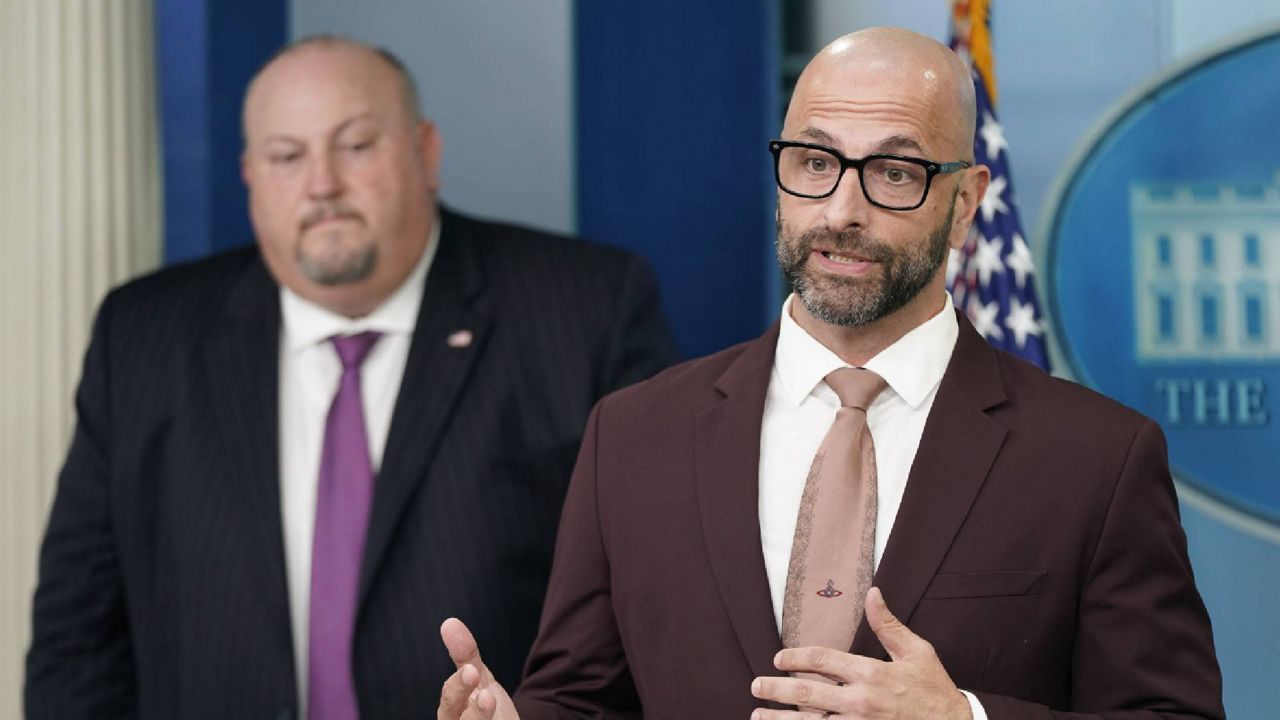 Dr. Demetre Daskalakis, right, White House Monkeypox response deputy coordinator, speaks alongside Bob Fenton, White House Monkeypox response coordinator, during a press briefing at the White House, Wednesday, Sept. 7, 2022, in Washington. (AP Photo/Patrick Semansky)