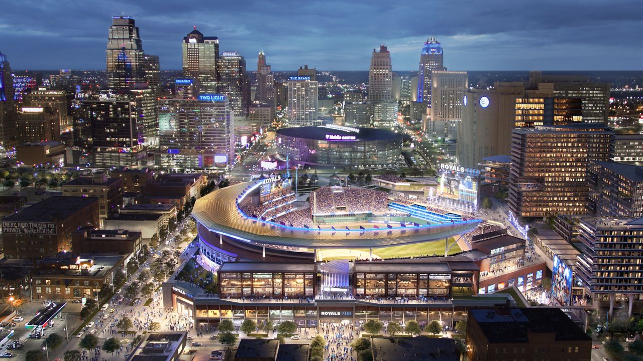 The Kansas City Royals released renderings of the proposed site location for a new downtown baseball stadium on Feb. 13, 2024. Jackson County voters rejected a plan in April that would have funded stadium projects for both the Royals and the Kansas City Chiefs (Courtesy: Kansas City Royals)