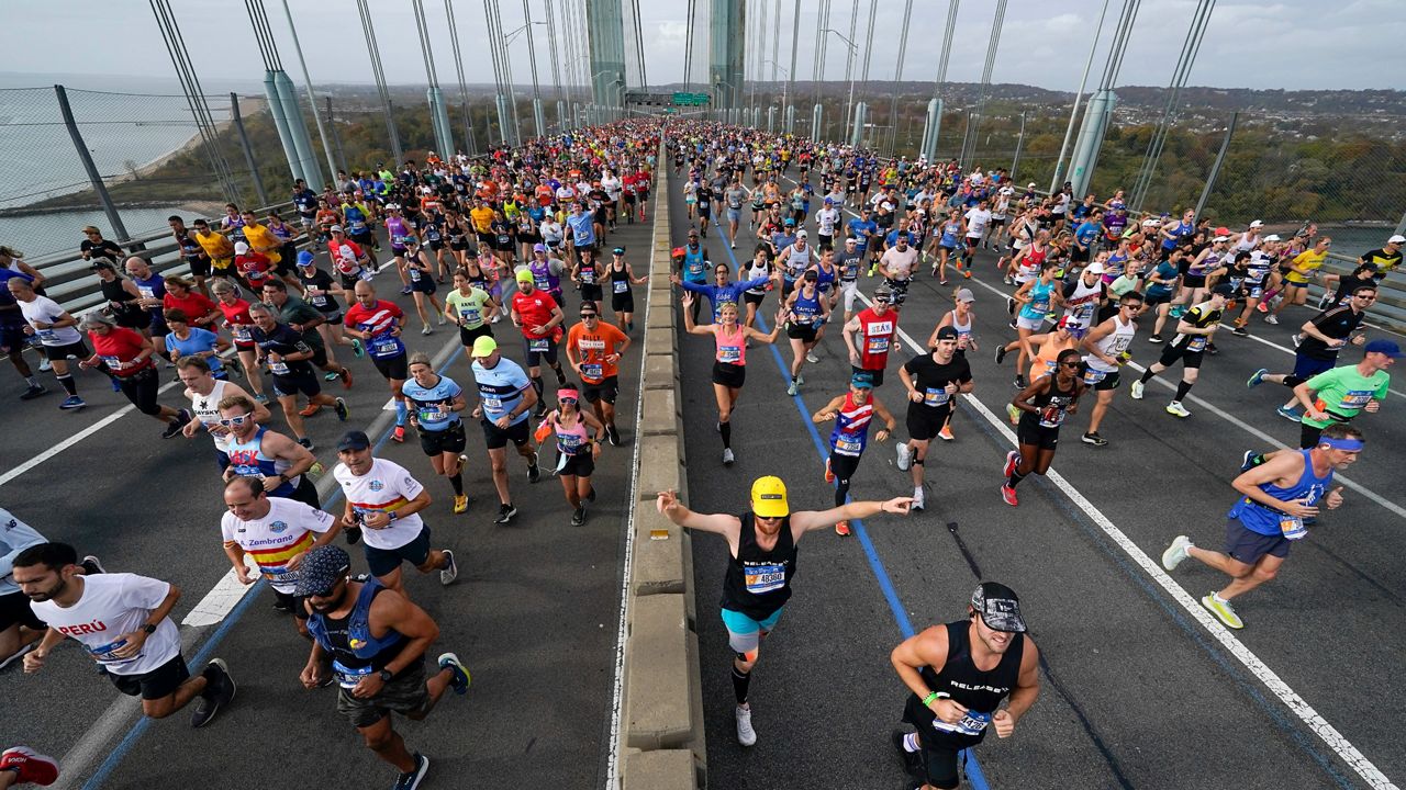 Runners cross the Verrazzano-Narrows Bridge at the start of the New York City Marathon in New York on Sunday, Nov. 6, 2022.