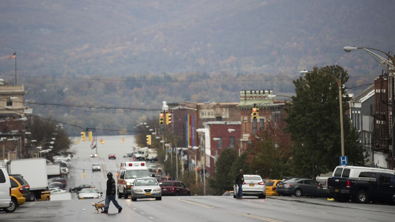 downtown newburgh, new york with a mountainous backdrop