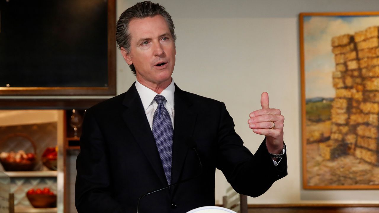Gov. Gavin Newsom announces new criteria related to coronavirus hospitalizations and testing that could allow counties to open faster than the state, during a news conference at Mustards Grill in Napa, Calif., Monday May 18, 2020. (AP Photo/Rich Pedroncelli, Pool)