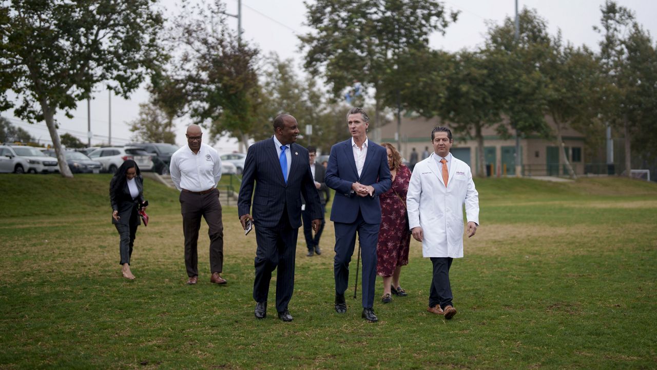 California Gov. Gavin Newsom arrives at a press conference in Los Angeles, Wednesday, Sept. 25, 2024. (AP Photo/Eric Thayer)