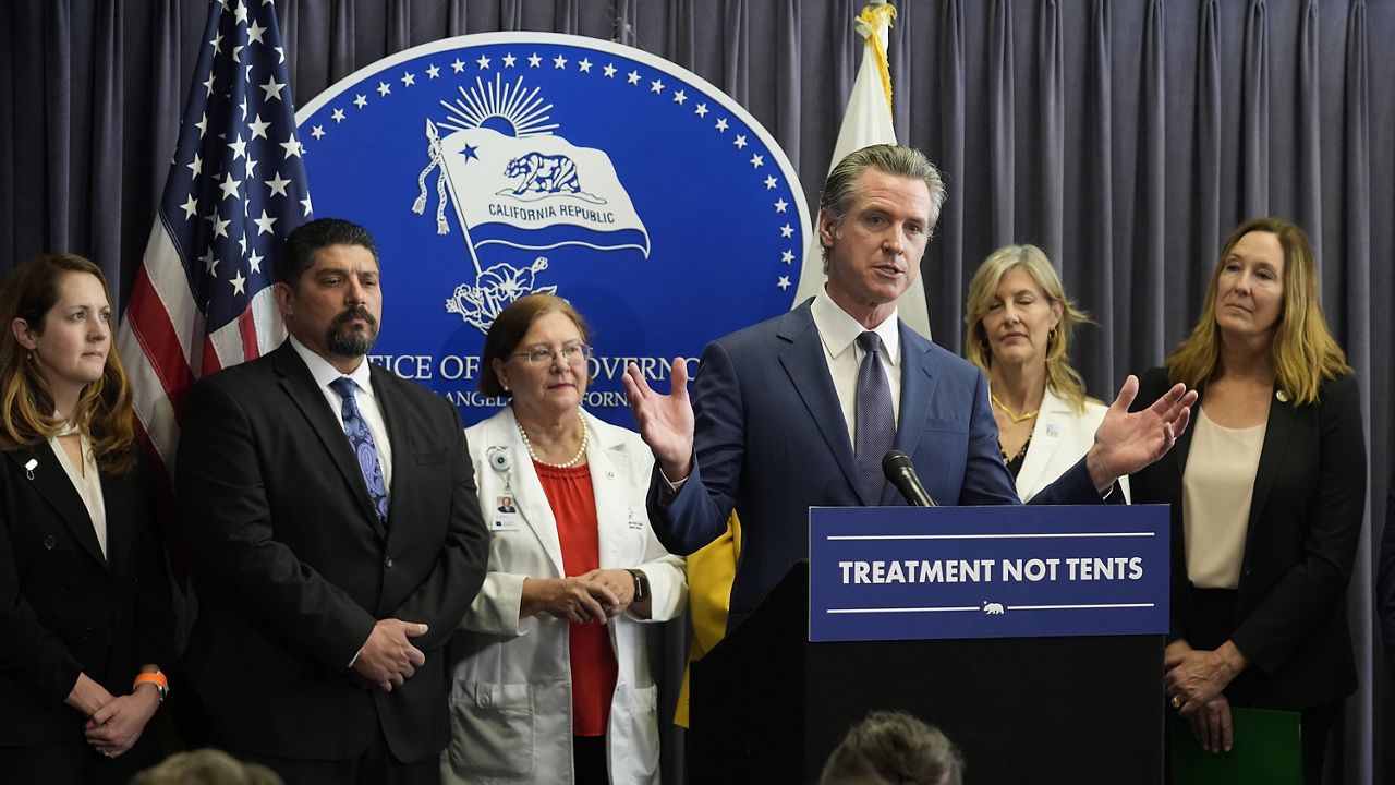 California Gov. Gavin Newsom comments on the passing of Proposition 1, a $6.4 billion bond ballot measure, during a news conference at the Ronald Reagan State Building Thursday, March 21, 2024, in Los Angeles. California voters have passed the measure that will impose strict requirements on counties to spend on housing and drug treatment programs to tackle the state's homelessness crisis. (AP Photo/Damian Dovarganes)