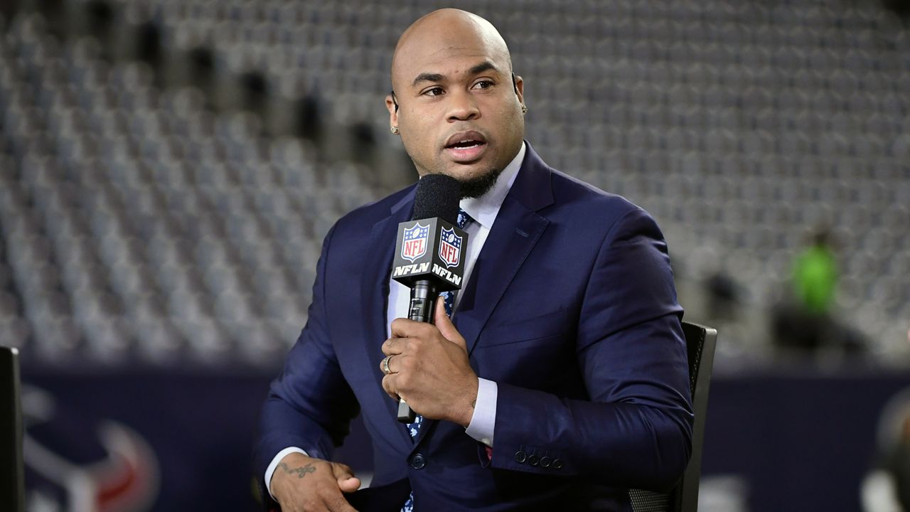 NFL Network's Steve Smith Sr. works on the set before an NFL football game between the Carolina Panthers and Houston Texans, Thursday, Sept. 23, 2021, in Houston. CBS Sports broadcaster Jim Nantz, former All-Pro wide receiver Steve Smith Sr. and former college basketball stars Randolph Childress and Shea Ralph are in the class of 2024 inductees to the North Carolina Sports Hall of Fame, the Hall of Fame said in a news release Tuesday, Dec, 19, 2023. (AP Photo/Justin Rex)