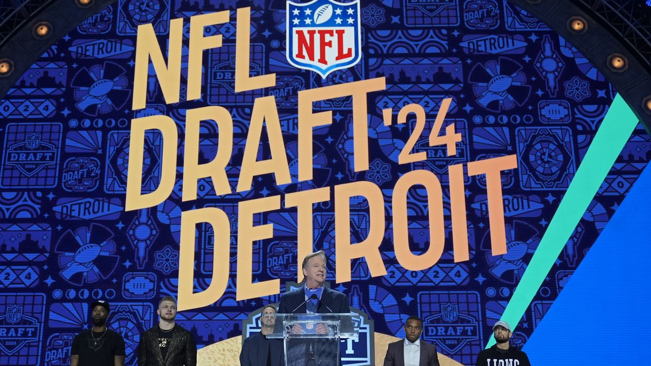 NFL commissioner Roger Goodell speaks during the first round of the NFL football draft, Thursday, April 25, 2024, in Detroit. 