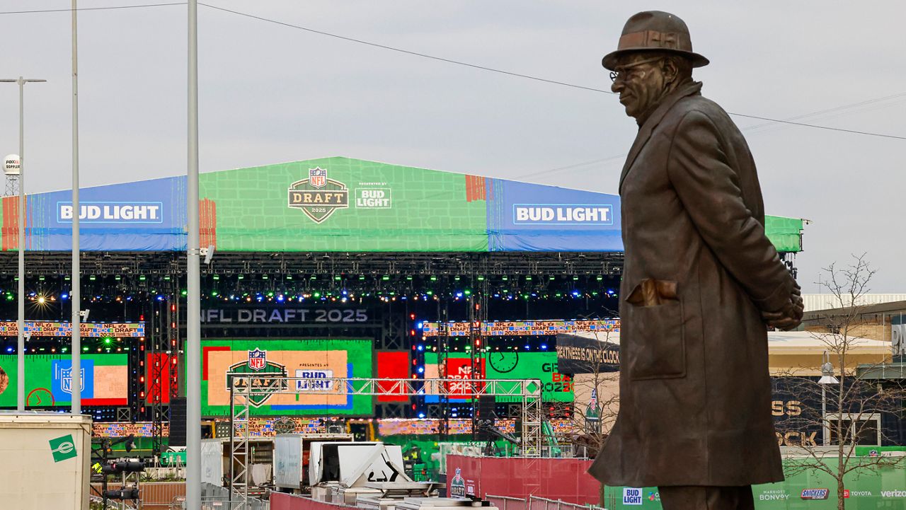 A Vince Lombardi statue outside Lambeau Field ahead of the NFL Draft Tuesday, April 22, 2025 in Green Bay, Wis. 