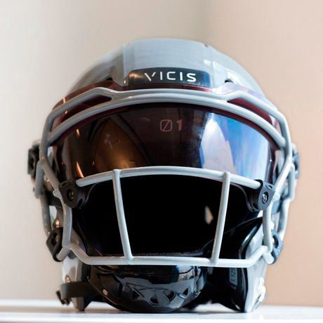 A VICIS Zero1 helmet is displayed in New York. (AP Photo/Mark Lennihan, File)
