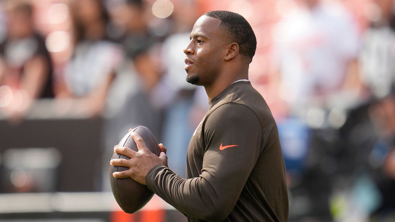 Cleveland Browns tackle Jedrick Wills Jr. (71)on the sidelines during an NFL football game against the Indianapolis Colts, Sunday, Oct. 22, 2023, in Indianapolis. (AP Photo/Zach Bolinger)