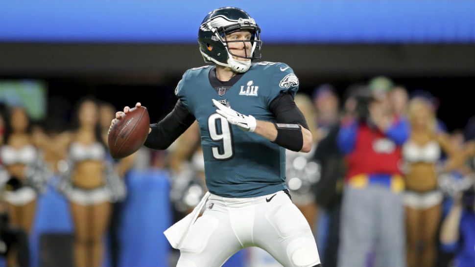 Philadelphia Eagles quarterback Nick Foles in action against the New England Patriots at Super Bowl 52 on Sunday, February 4, 2018 in Minneapolis. Philadelphia won the game 41-33.(AP Photo/Gregory Payan)