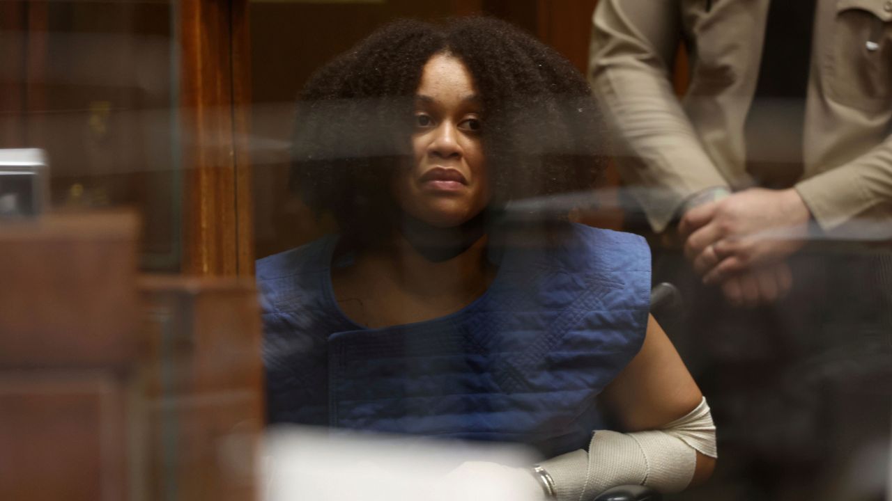 Nicole Linton appears in Los Angeles Superior Court for arraignment on murder charges stemming from a traffic accident, Monday, Aug. 8, 2022, in Los Angeles. (Frederick M. Brown/Daily Mail.com via AP, Pool)