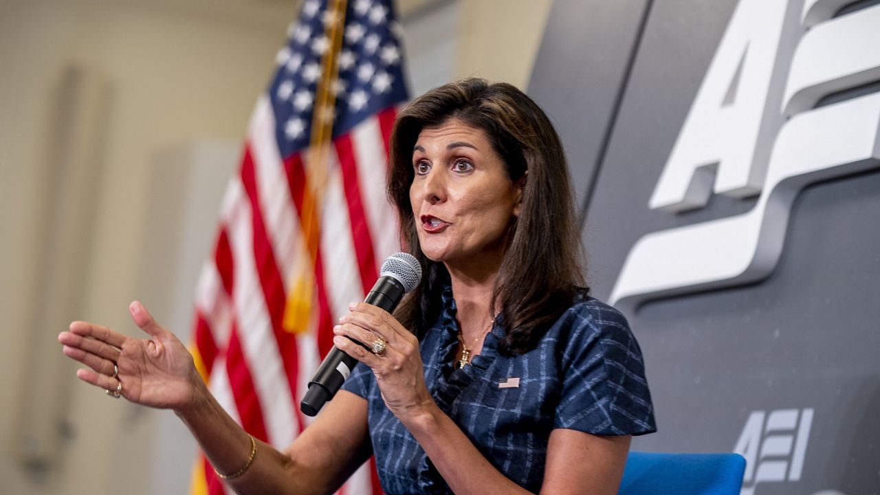 Republican presidential candidate Nikki Haley speaks Tuesday at the American Enterprise Institute in Washington. (AP Photo/Andrew Harnik)