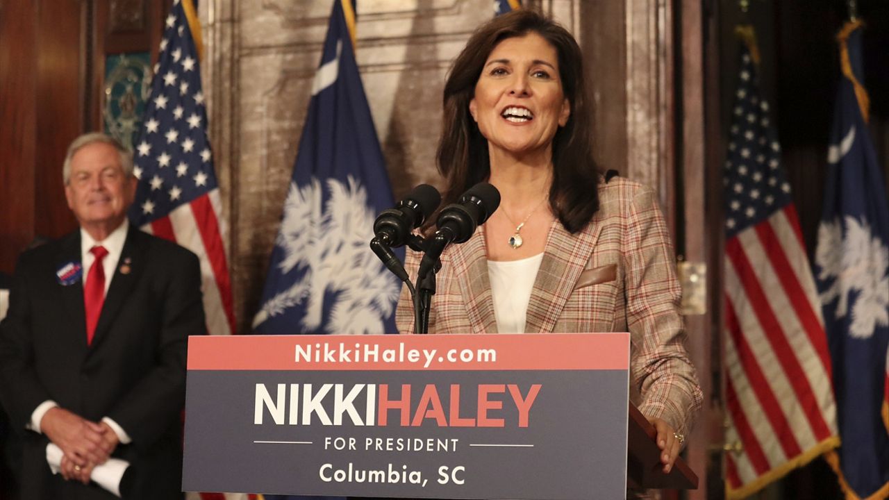 White House hopeful Nikki Haley speaks during a presidential campaign stop at the South Carolina Statehouse on Monday, Oct. 30, 2023, in Columbia, S.C. (AP Photo/James Pollard)