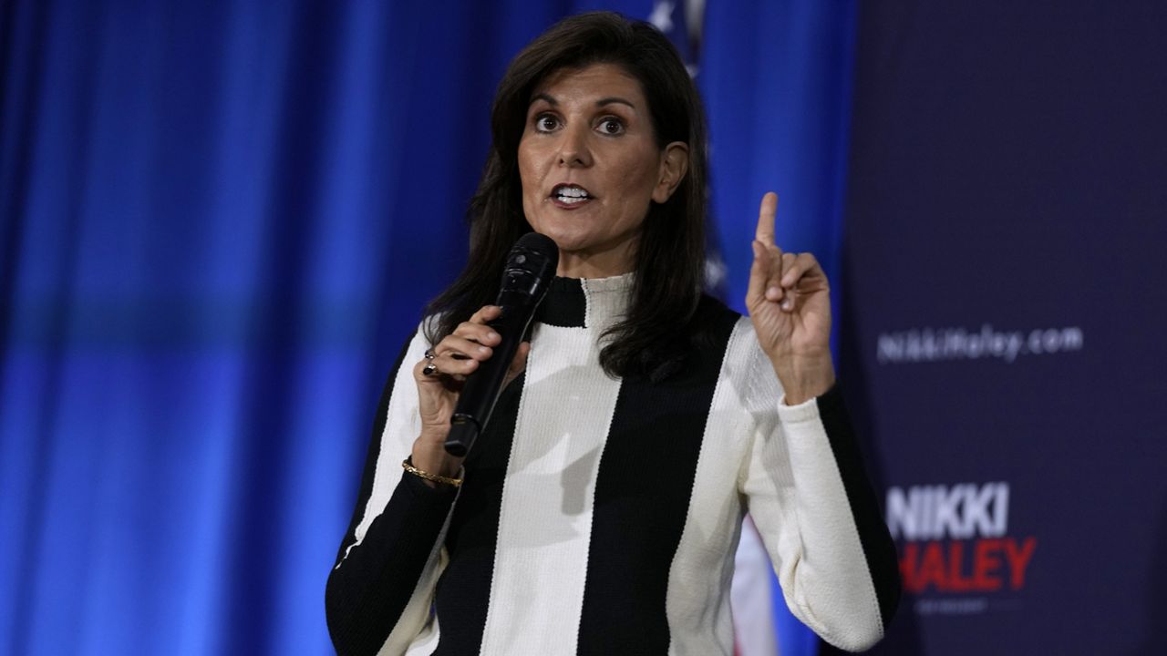 Republican presidential candidate Nikki Haley speaks during a town hall, Friday, Dec. 8, 2023, in Sioux City, Iowa. (AP Photo/Charlie Neibergall, File)